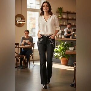 White House Black Market black flare jeans jewel/rhinestone embellishments 12R